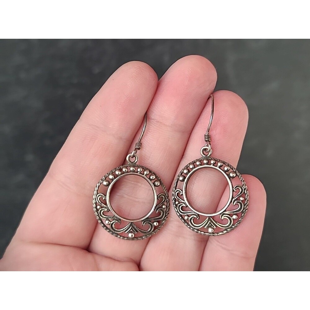 925 Sterling Silver Filigree Dangling Pierced Earrings Vintage READ